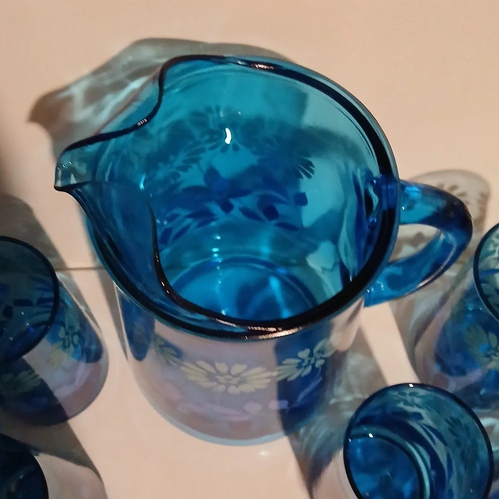 Vintage 70s MCM Anchor Hocking Blue Misty Daisy Glass Pitcher and 8 Tumbler Set